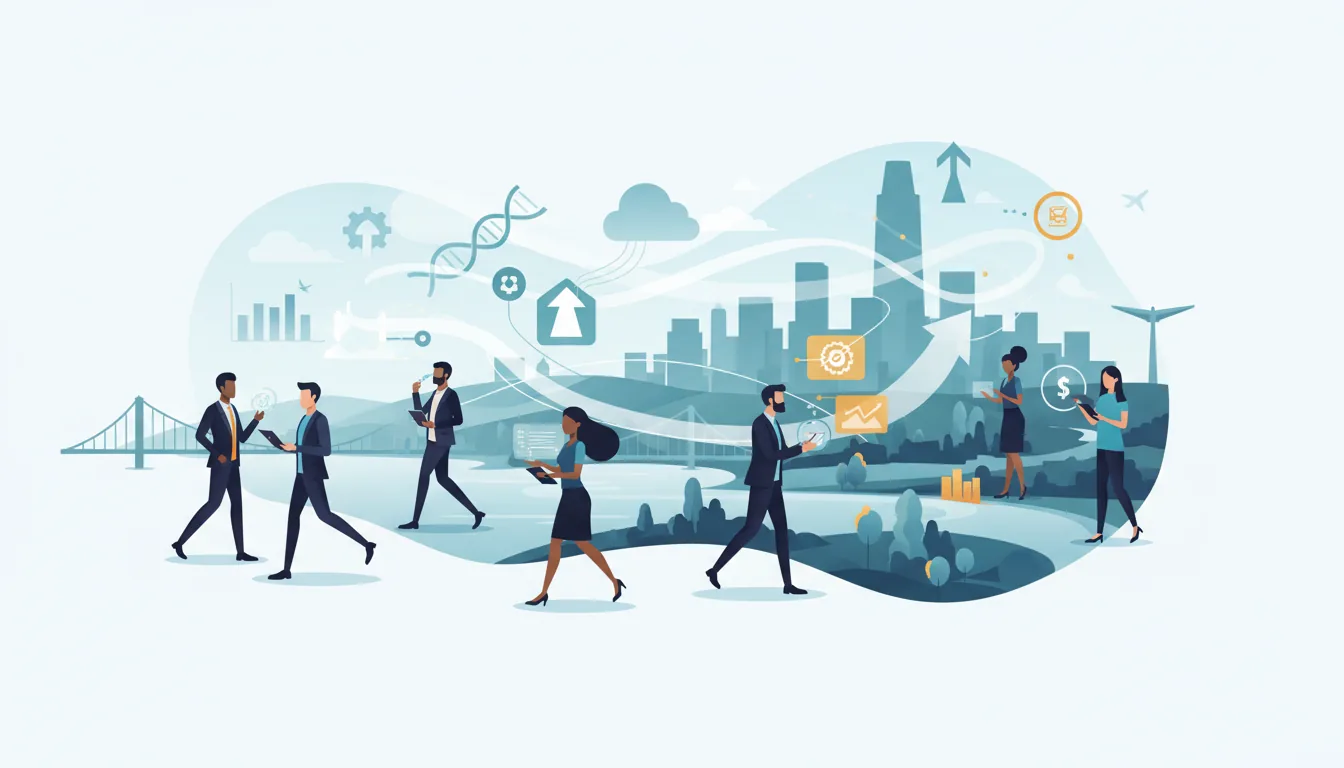 Editorial illustration of the San Mateo job market with local industry and data motifs