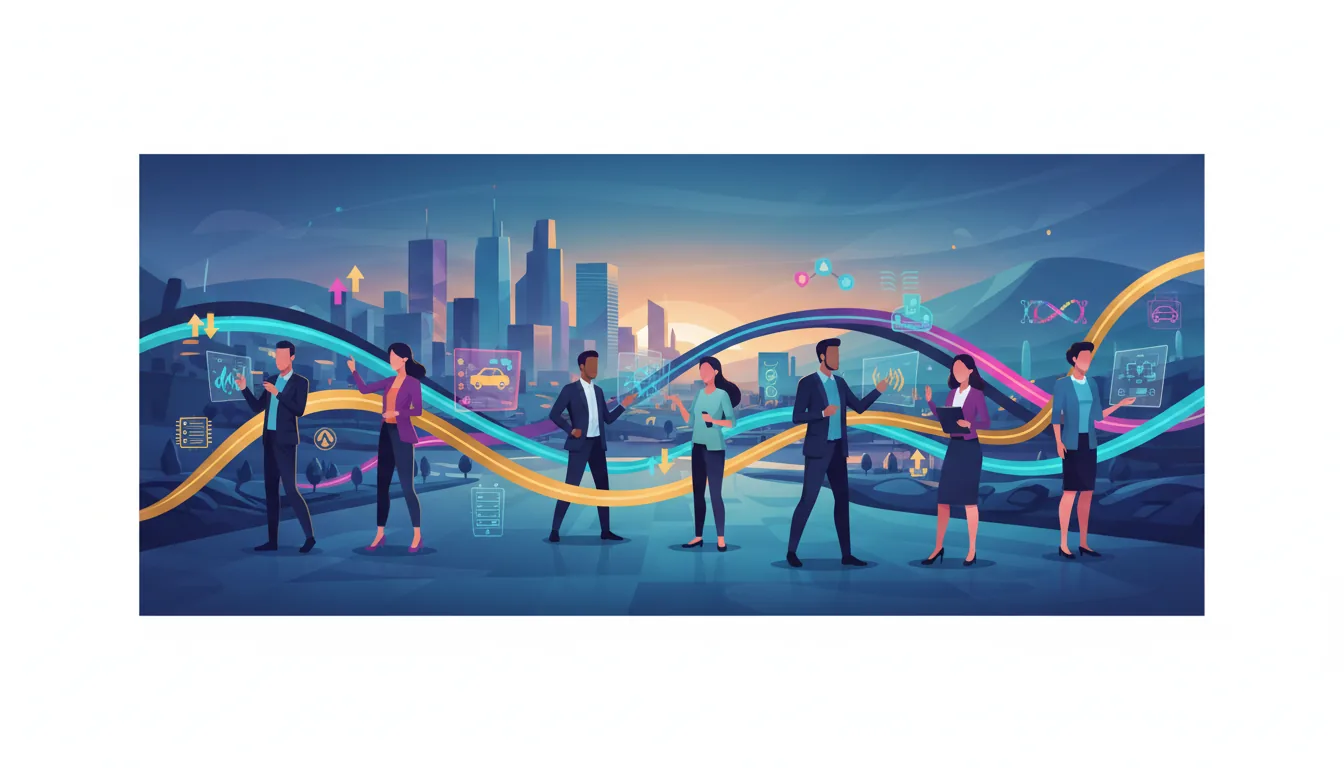 Editorial illustration of the Santa Clara job market with local industry and data motifs