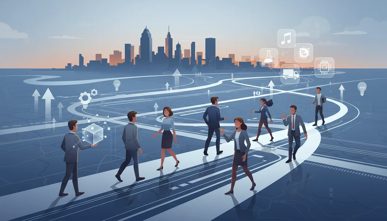 Editorial illustration of the Shelby job market with local industry and data motifs