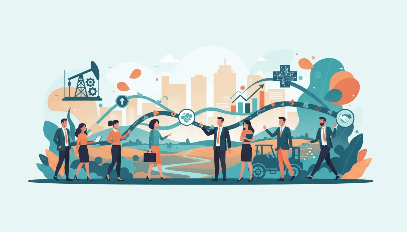 Editorial illustration of the Smith County job market with local industry and data motifs