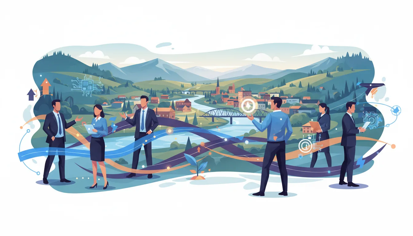 Editorial illustration of the Snohomish job market with local industry and data motifs