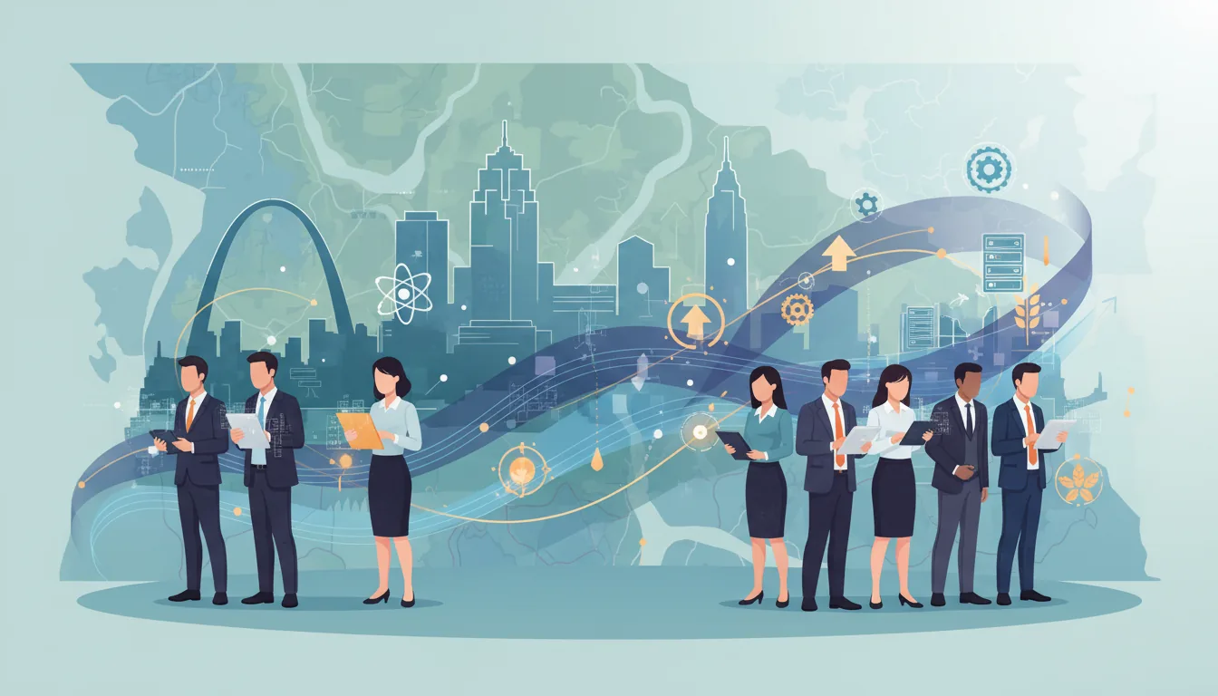 Editorial illustration of the St. Louis County job market with local industry and data motifs