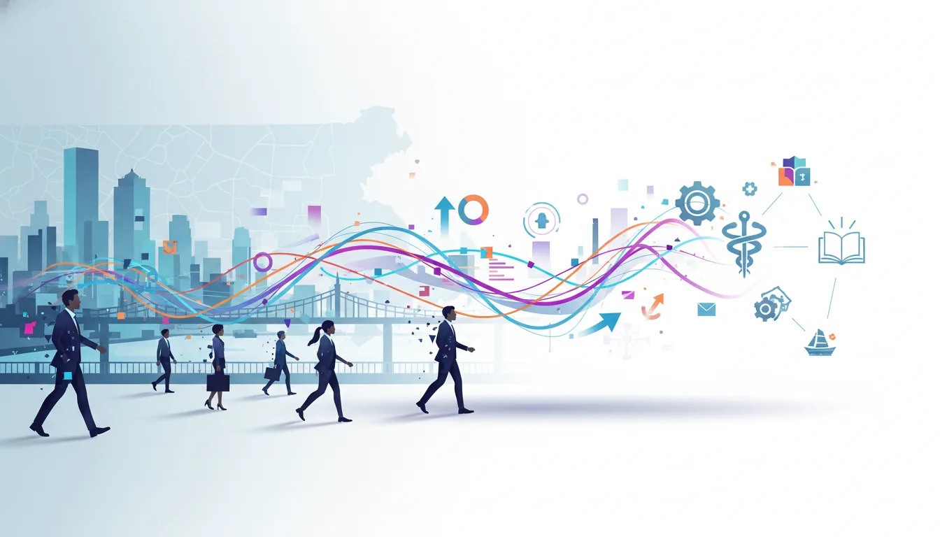 Editorial illustration of the Suffolk (MA) job market with local industry and data motifs