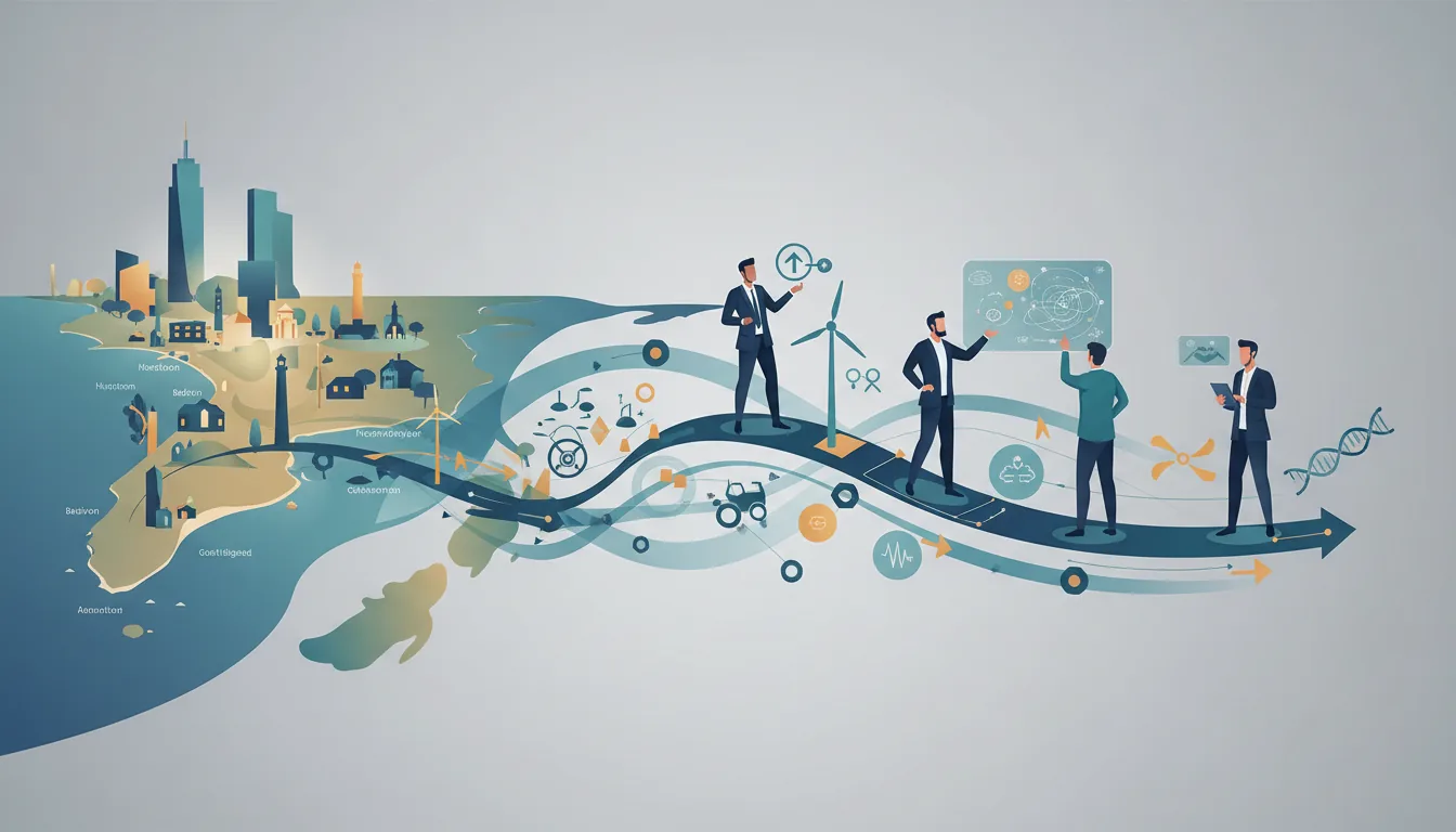 Editorial illustration of the Suffolk job market with local industry and data motifs