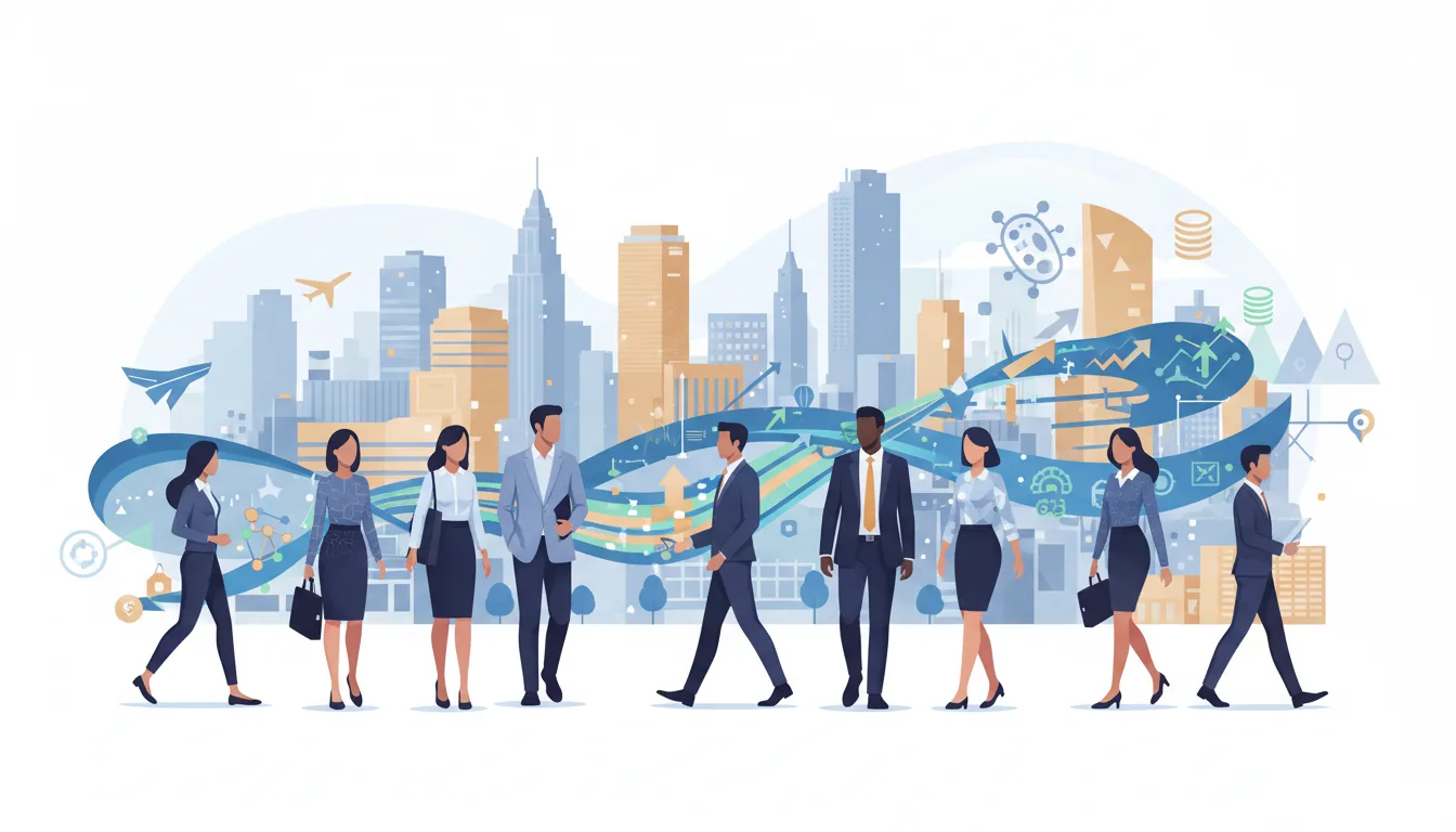 Editorial illustration of the Tarrant job market with local industry and data motifs