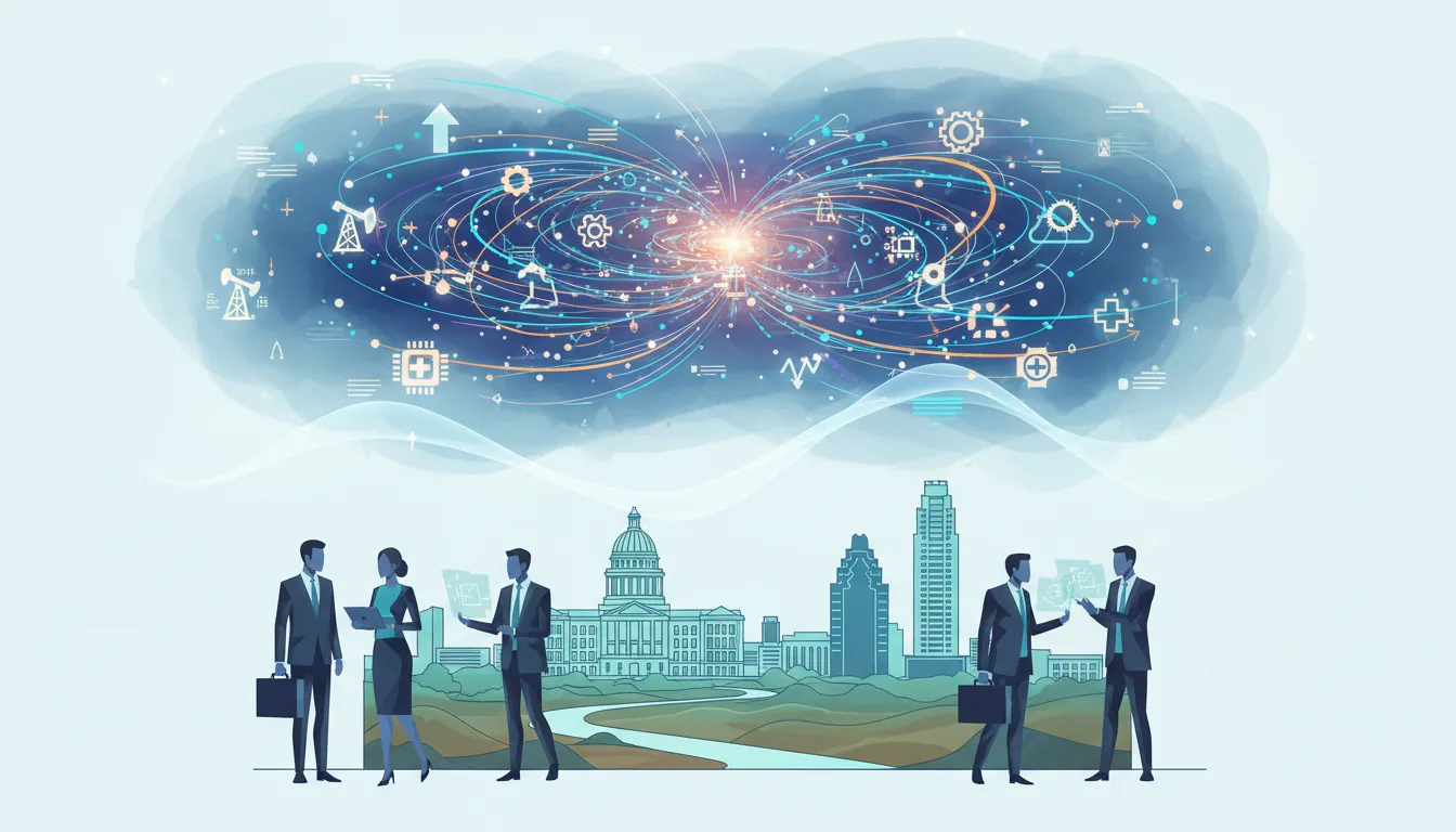 Editorial illustration of the Travis job market with local industry and data motifs