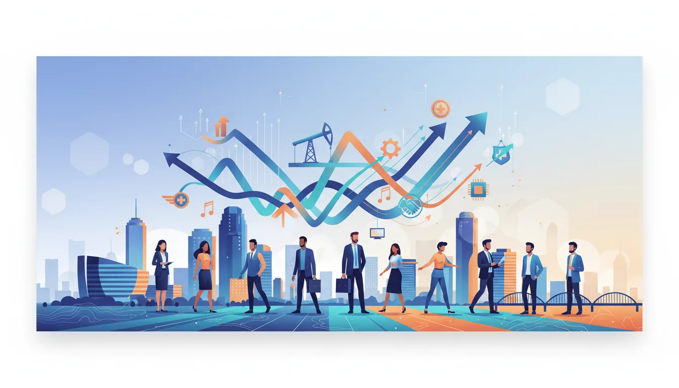 Editorial illustration of the Tulsa job market with local industry and data motifs