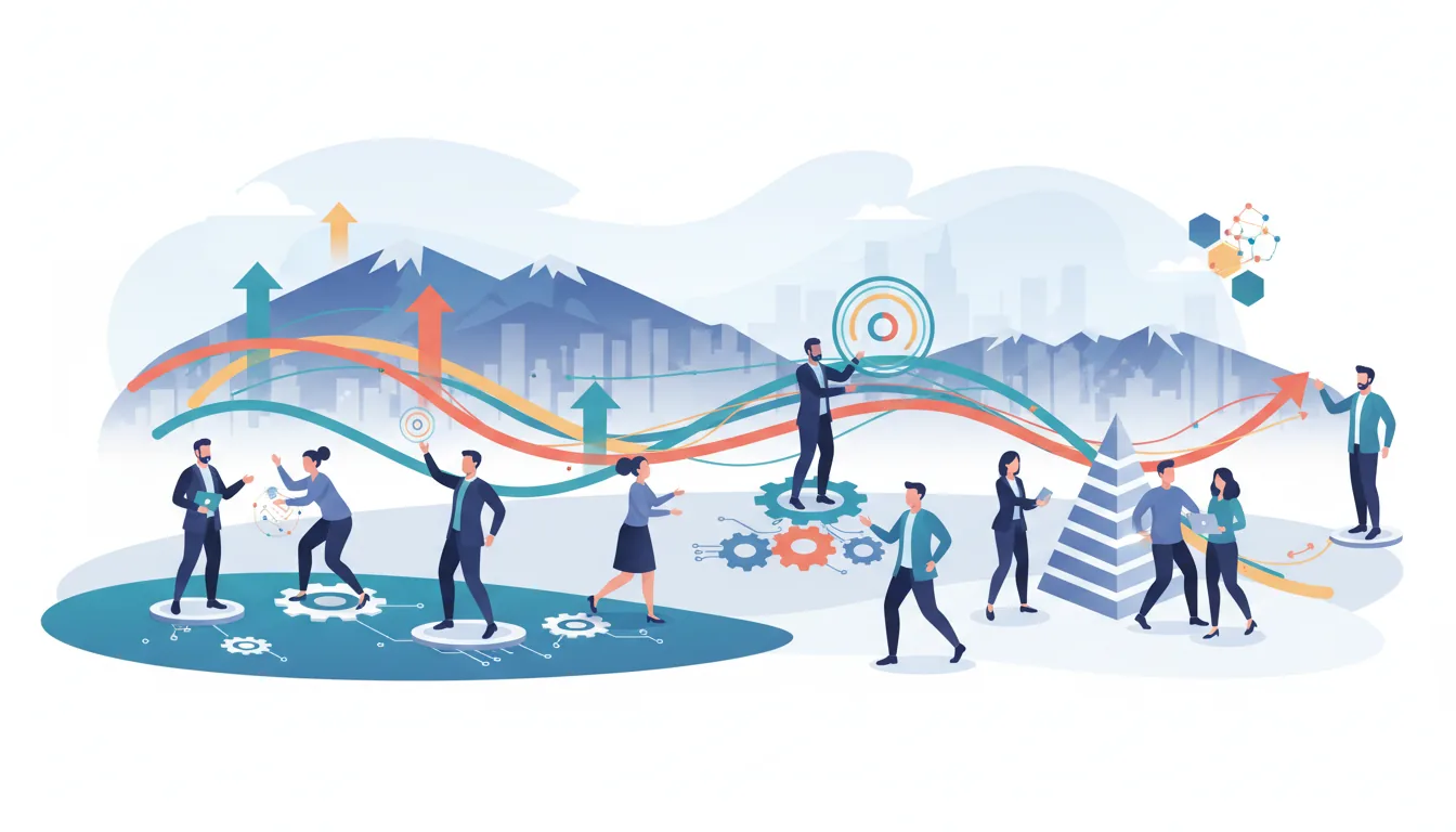 Editorial illustration of the Utah County job market with local industry and data motifs