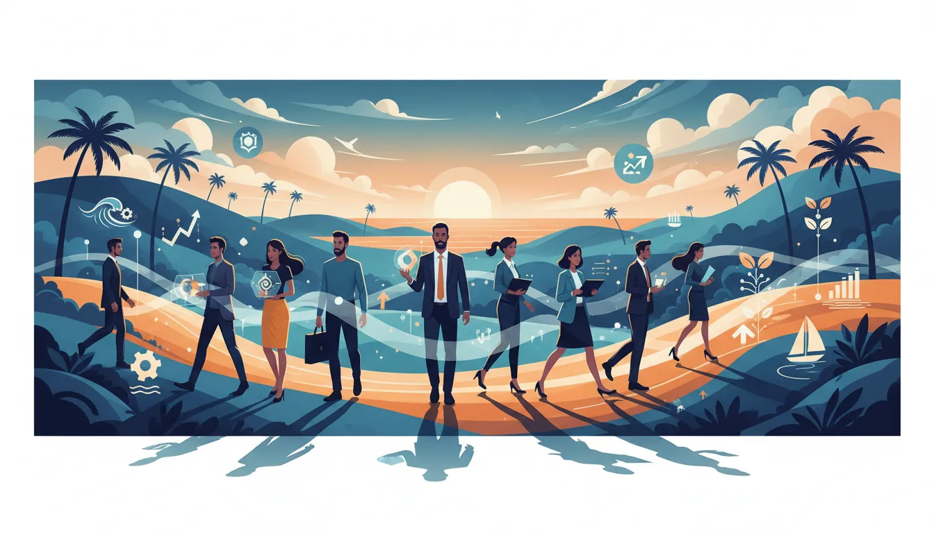 Editorial illustration of the Ventura job market with local industry and data motifs