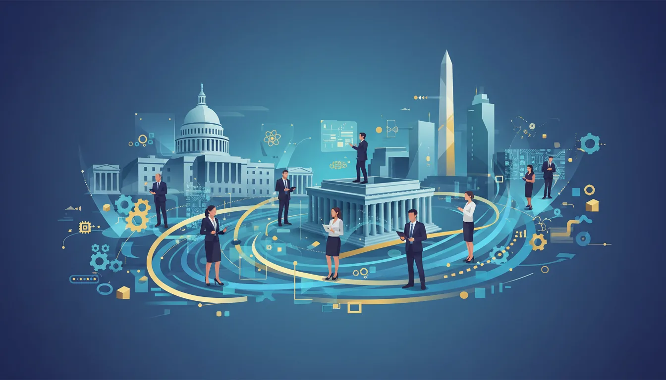 Editorial illustration of the Washington DC job market with local industry and data motifs