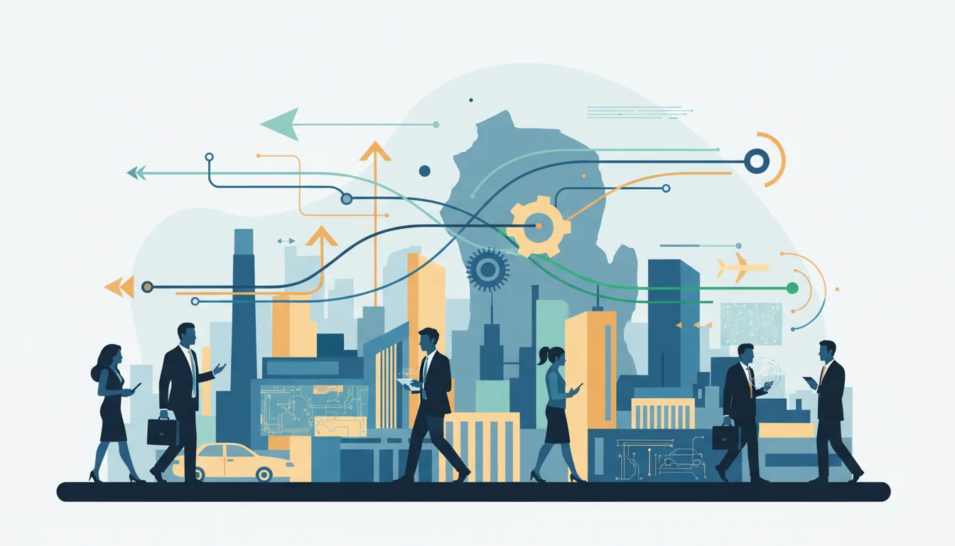 Editorial illustration of the Wayne job market with local industry and data motifs