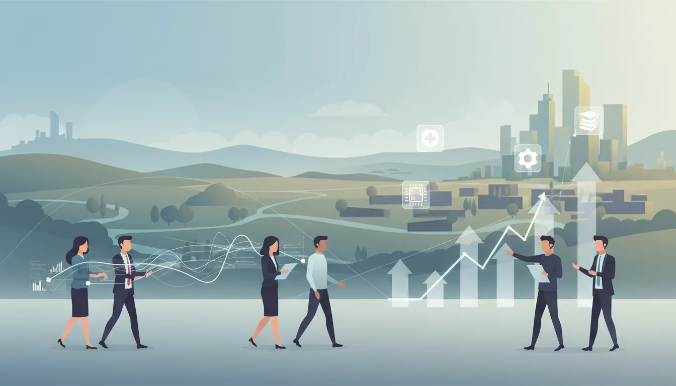 Editorial illustration of the Westchester job market with local industry and data motifs