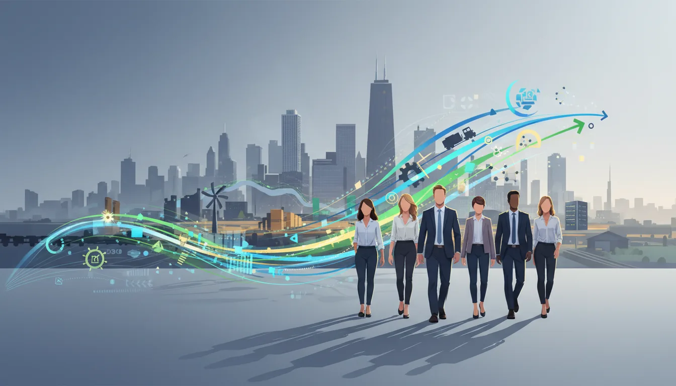 Editorial illustration of the Will job market with local industry and data motifs