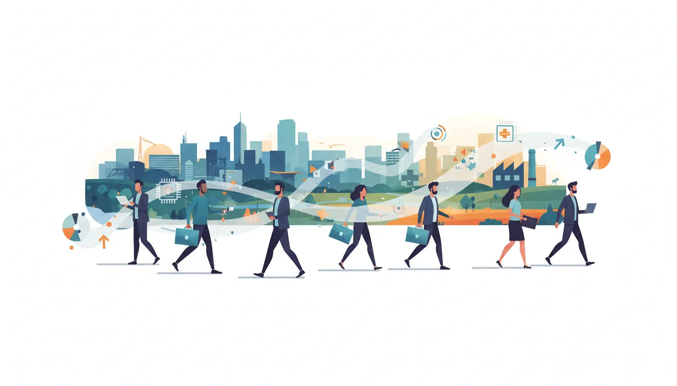 Editorial illustration of the Williamson job market with local industry and data motifs