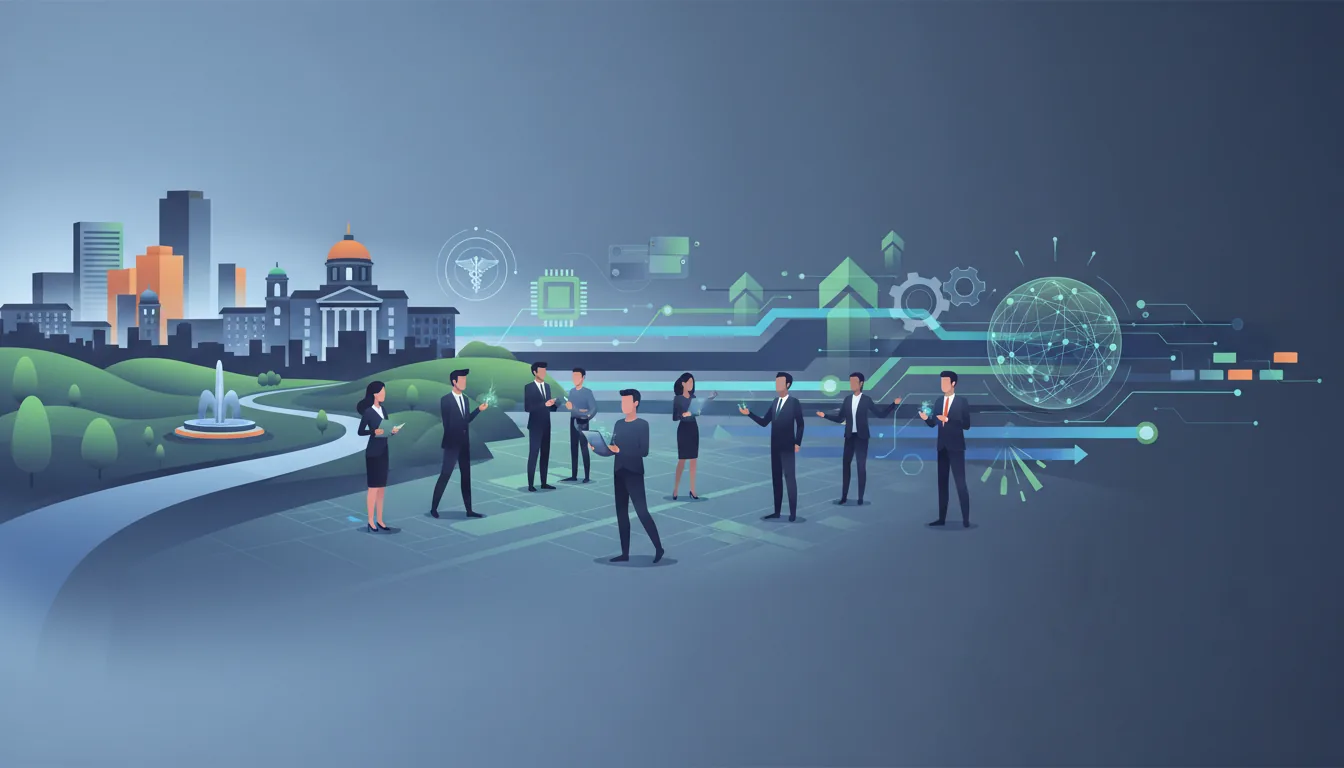 Editorial illustration of the Worcester job market with local industry and data motifs