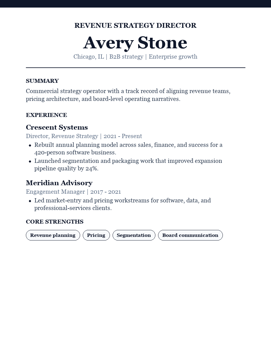 Executive resume template preview for Avery Stone